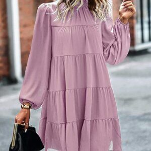 Spring Summer Long Sleeve Ruffle Mock Neck Tiered Mini Babydoll Dress Casual